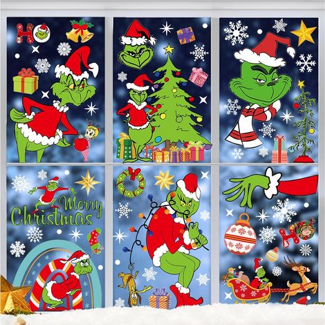 8 feuilles stickers Noël Grinch/flocons réutilisables, décor électrostatique pour vitres (1/4)
