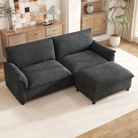 Canapé d’angle modulable Cloud noir 216x77x82 cm avec pouf mobile, assise profonde et dossier haut (1/5)