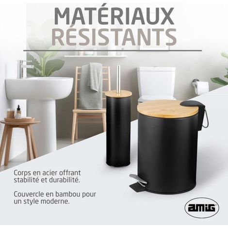 Ensemble Poubelle et Porte-brosse - 1 Lot - Acier et Bambou - Design Noir Mat Compact - Pour Salle d CASSETTE RECHARGE POUR SEBUMET (1/5)