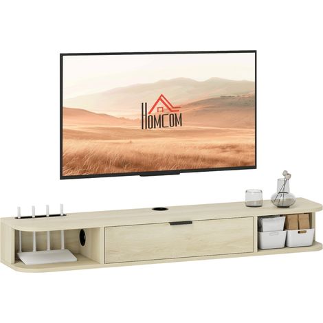 Meuble TV suspendu en bois naturel pour téléviseur jusqu'à 50 pouces avec tiroir rabattable et 2 étagères 120x24x16cm (1/5)