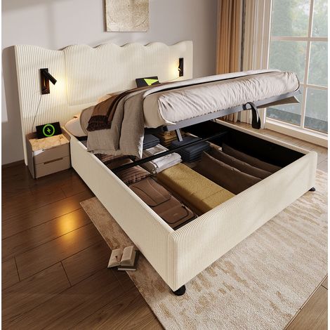 Cama con almacenamiento de pana beige y blanca de 180x200 cm con lámpara de lectura giratoria, puerto USB-C y base de láminas. (1/5)
