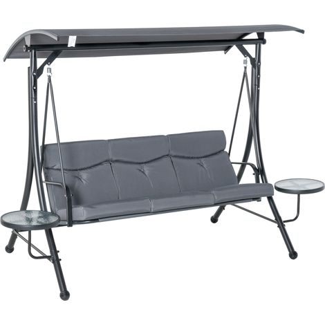 Dondolo da Giardino a 3 Posti , Dondolo da Esterno con Tettuccio Regolabile e 2 Tavolini, Grigio 271x125x177cm