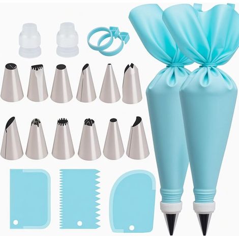 Poches à douille avec douilles – kit de décoration de gâteaux réutilisable – comprend 2 poches à douille réutilisables, 12 douilles, 2 bagues en silicone, 2 adaptateurs et 3 spatules (1/5)