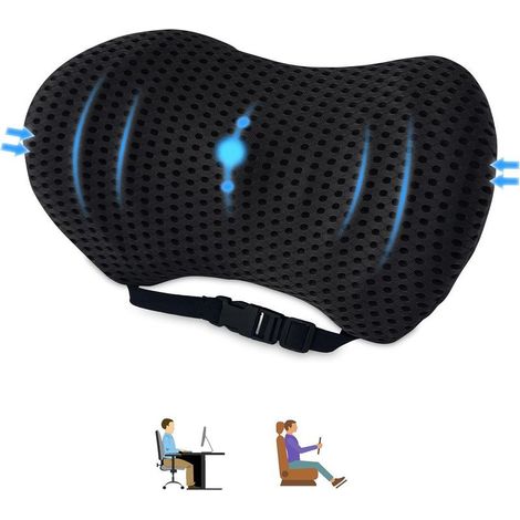 Cojín lumbar para coche, almohada de soporte lumbar para silla de oficina y asiento de coche, cojín de respaldo con correa ajustable, para el hogar, la oficina y el coche (negro). (1/5)