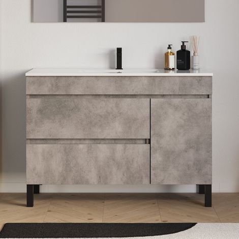 Meuble de salle de bain 120cm simple vasque sur pieds avec porte et tiroirs - sans miroir - ciment (gris) - LAZARO (1/5)