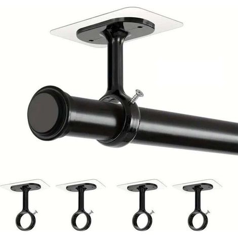 SABIR Lot de 4 crochets de tringle à rideau plafond, adhésif fort sans vis, fixation murale sans percer, support noir pour salon, cuisine, salle de bain (1/4)