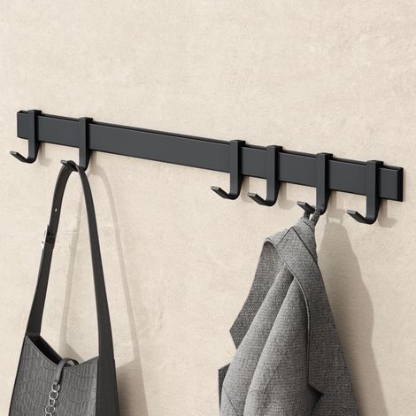 doporro Perchero de Pared con 6 Ganchos Deslizables, Aluminio, Instalación con Taladro o sin Taladro, Negro Mate, 60 cm, Stalo-12 (1/5)
