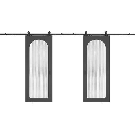 Porte coulissante double avec système en applique en bois et MDF - arche noire et verre trempé cannelé - 2 x H205 x L83 cm - ODEZA (1/3)