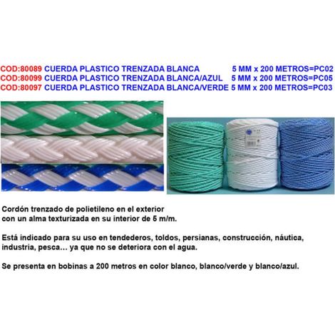 cuerda plastico rafia-pp multiuso trenzada blanca-verde 5 mm x 200 metros pc03