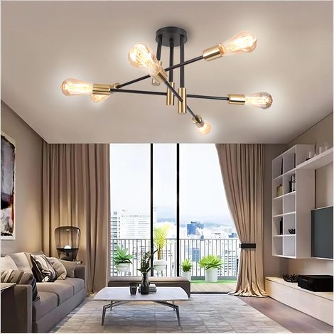 Deckenleuchte Industrielle Vintage, 6 Lichter E27, Deckenlampe aus Metall, Kreative Innenbeleuchtung für Esszimmer, Schlafzimmer, Wohnzimmer, Schwarz und Kupfer (1/5)