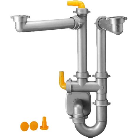 Siphon tubulure gain de place pour vidage évier 2 cuves, gris métal