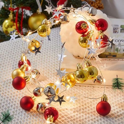 Luci decorative natalizie a stringa, 20 palline di Natale a LED con stella e campanella, a batteria, luci fatate natalizie, ornamento fatato (rosso) -Crezuo
