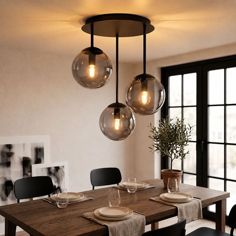 LED Deckenleuchte Wohnzimmerlampe 3-flammig schwarz Glas rauchfarben H 40 cm (1/5)