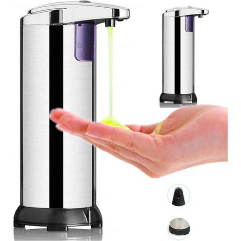 Dispensador automático de jabón de acero inoxidable con base impermeable, sensor de movimiento infrarrojo e interruptor ajustable para baño, cocina, hotel, restaurante. (1/5)