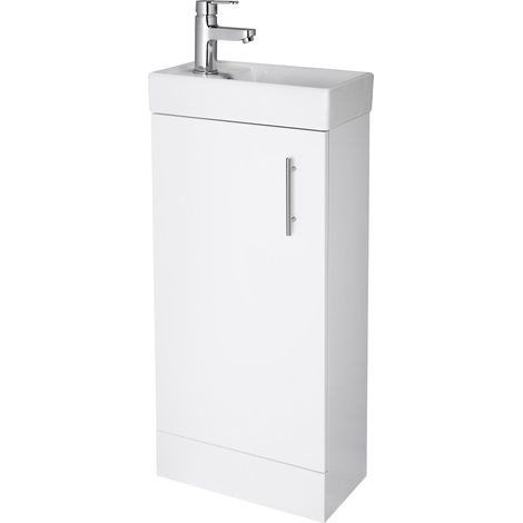 Cloakroom Floor Standing 1 Door Vanity Unit with Basin, 400mm - Gloss White (1/5)