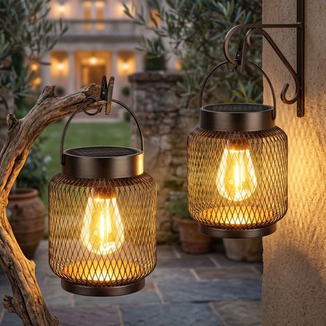 Pack 2 Faroles Solares LED de Jardín, Lámparas Colgantes Metálicas Impermeables para Terraza Árbol Camino y Exterior (1/5)