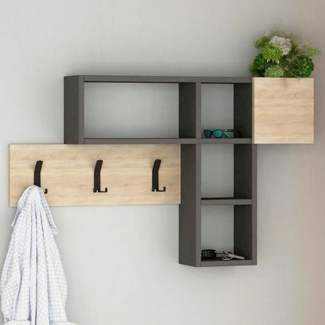 Appendiabiti Attaccapanni Parete Legno 9 Ganci Appendi Abiti cn Mensole Grigio (1/5)