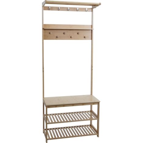 Porte-manteau sur pied en bambou vestiaire avec banc et étagère à chaussures 170 x 70 x 31 cm 040009774