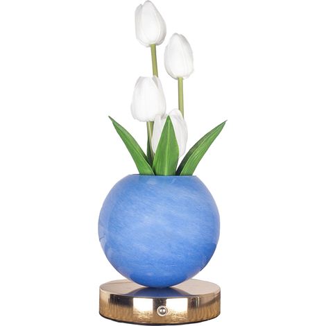 Veilleuse Tulipe, Lampe de Table Bouquet Simulée, Lampe d'Ambiance Décorative pour Chambre à Coucher, Lumière Planète Rêveuse (Tulipe Blanche + Pot Bleu (Variation Tricolore + Variation Continue + Rec (1/2)