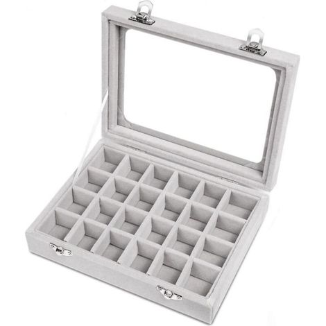 Présentoir à bijoux en verre velours à 24 grilles, boîte de rangement pour bagues, boucles d'oreilles, support de rangement (gris) (1/4)