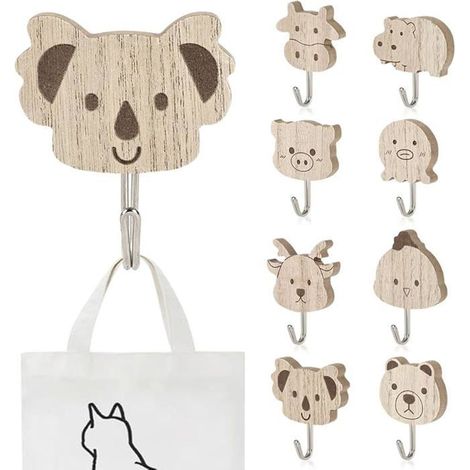 8 patères murales autocollantes en bois pour animaux, lot de 8 crochets muraux en bois. (1/5)