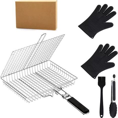 Kit BBQ : Grille de cuisson pliable en acier inoxydable — Outil de grillade en plein air pour rôtir poulet, poisson et maïs Équipement de camping et accessoires en acier inoxydable (1/5)