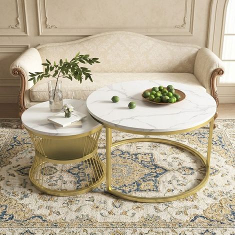 Lot de 2 Tables Basses Gigognes avec Cadre Doré, Tables Basses Rondes Modernes pour Salon, Chambre, Balcon, Bureau. 70cm + 45cm (1/5)