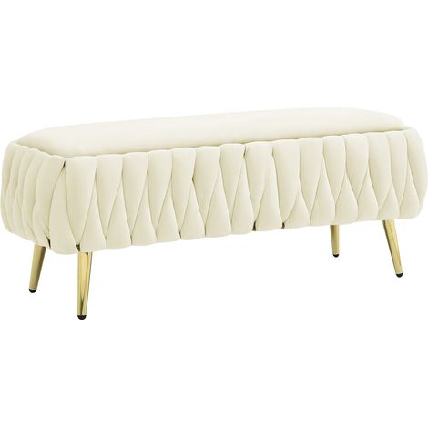 Panca Imbottita Divanetto In Velluto Contenitore Pouf Grande XXL PortaOggetti Intrecciato Panca Sgabello A Pie Di Letto Con Gambe In Metallo Dorato Cassapanca Ingresso Legno Massello Panchina - Crema