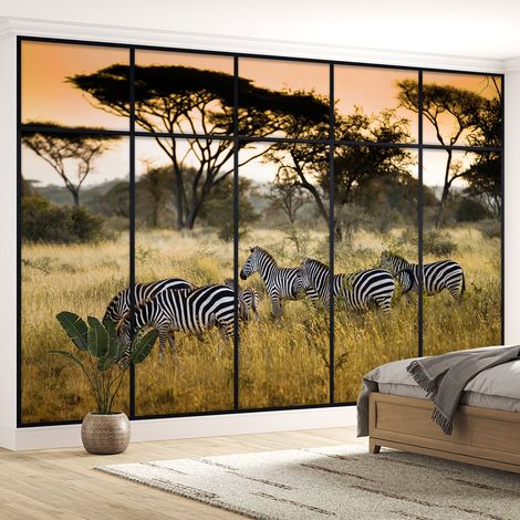 Papier peint panoramique Trompe l'oeil Verrière - Zèbres - 130 cm x 82 cm (1/5)