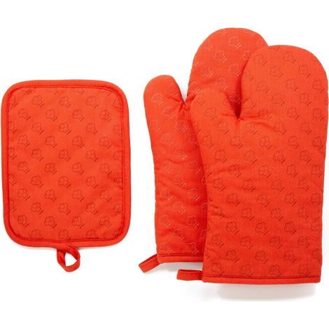 Cuisine Anti Chaleur, Gants Cuisine 100% Coton Avec Antidérapants en Silicone - Gant Cuisine - Gants Four - Lot de 3 Pièces (Orange) (1/3)