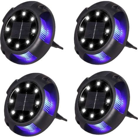 Garden FutureLot de 4 Bornes Solaires Encastrées Extérieur - 8 LEDs Blanc + 4 LEDs Bleu - Étanches - pour Allée, Aire de Stationnement, Paysage, Jardin, Terrasse, Pelouse, Cour