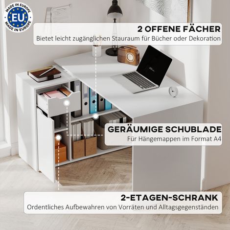Bureau modulable blanc avec caisson 2 tiroirs, compartiments ouverts et étagères en bois