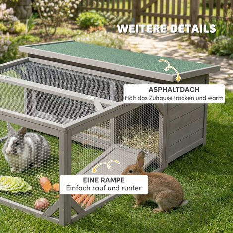 Clapier/cage en bois pour lapin avec toit en bitume à charnières, enclos et portes, 125,5 x 100 x 49 cm, gris (1/5)