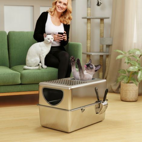 XL Katzentoilette aus Edelstahl mit Schaufel, zwei Öffnungen, leicht zu reinigen, Silber