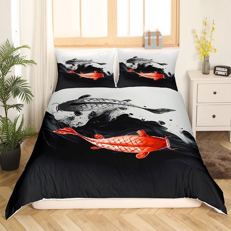Parure de lit avec housse de couette 155 x 220 cm, motif yin yang, style japonais, style exotique, koi animal exotique, housse de couette océan, parure de lit noir et blanc (1/5)
