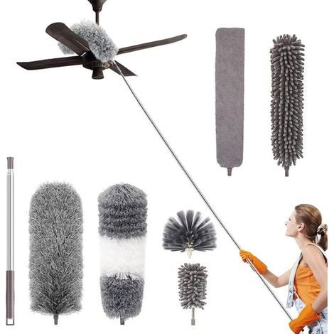 Plumeau Poussière Télescopique 7pcs Microfibre Nettoyage Kit avec Poignée Inoxydable Lavable Têtes Amovibles Balai Antipoussière pour Plafond Rideau Ventilateur Toiles d'araignée Stores (1/4)