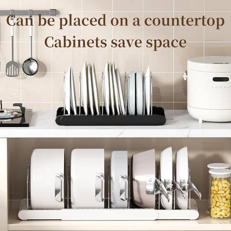 1 color: as pictured. Material: plastic. Extendable pan rack for cupboards, with lid holder. (1/5)