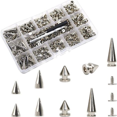 Rivet Punk 110 Pièces Rivet Cône Argent Cuir Rivets à Vis Clous Cône Style Punk Metal Bullet Stud Clous Conique Spike avec Tournevis et Boîte pour Bricolage Loisirs Créatifs (1/5)