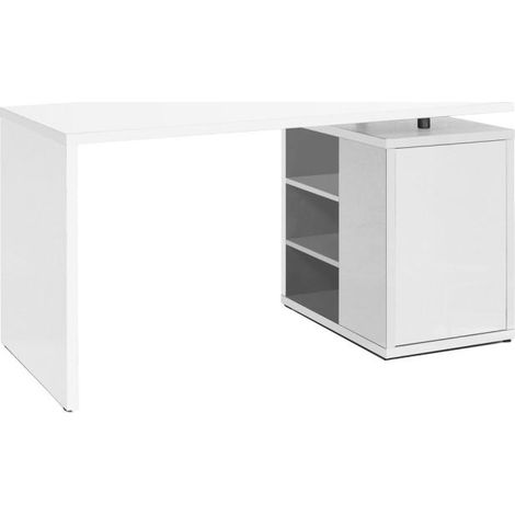 Schreibtisch für Büro und Schlafzimmer, mit Tür und 3 offenen Regalen 140 cm -Glänzend Weiß Groß