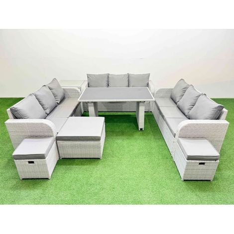 Fimous Patio Garden Furniture Sets with Black Glass Top Dining Table 3 Seater Sofa Side Table 3 Stool Light Grey (1/4)