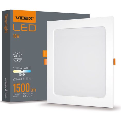 Weiße, quadratische Einbauleuchte 22,4 cm mit integrierter 18-W-LED-Downlight-Lampe von Videx, 4000 K, 2200 lm