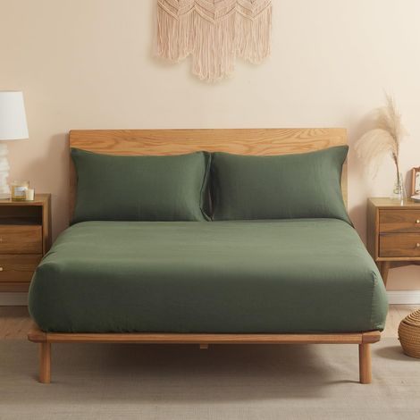 Drap-Housse 100% Lin, 160x200 cm, Profondeur de Poche 30 cm, Housse de Matelas élastique Ultra Respirante, Doux au Toucher, Vert Olive (1/5)