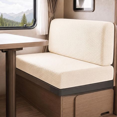 Housse Banquette Camping Car, Lot de 2 Housse Coussin Caravane et Dossier Extensible Jacquard, Protections de Dînette avec Sangles à Nouer pour Dinette et Banquette Intérieure, Beige (1/5)