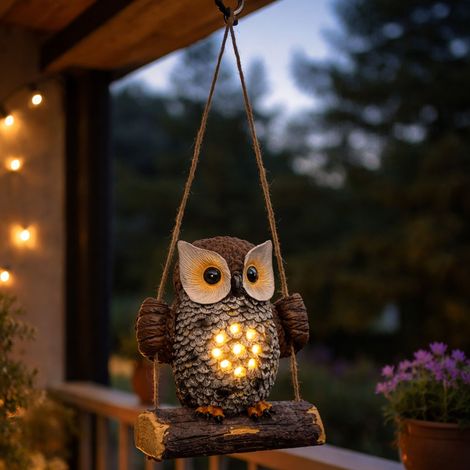 Solar Gartenfigur Eule auf Schaukel zum Hängen - 17 x 14 cm - Eulenfigur warm weiß beleuchtet wasserfest für Außen