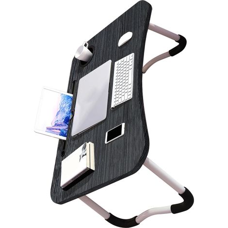 Kinder-Laptoptisch mit Getränkehalter, aus MDF, klappbarer Betttisch für Schlafzimmer, schwarz gebürstet (1/5)
