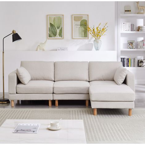 Ecksofa 3-Sitzer mit Hocker, Polyester-Bezug in Beige, Chaiselongue links/rechts montierbar (1/5)