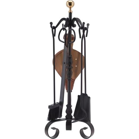 Serviteur/Garniture de cheminée ensembles d'outils pince à feu pelle brosse en fer forgé avec boule dorée coloris Noir - Hauteur 72cm