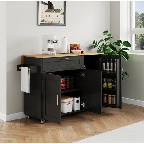 Carro de cocina 132,5/44(70)/90 cm negro natural con tablero abatible y espacio de almacenaje (1/5)