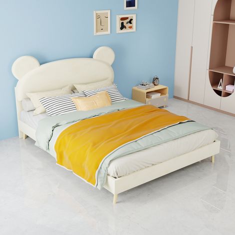 Lit rembourré, 140x200cm, beige, meuble de chambre multifonctionnel, base solide discrète (sans rangement), matelas non inclus (1/5)