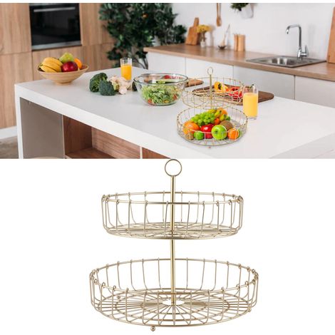 Corbeille à fruits ronde en fer doré de style nordique à 2 niveaux, plateau de rangement pour collations et en-cas, idéal pour les fêtes, le bureau ou la cuisine. (1/5)